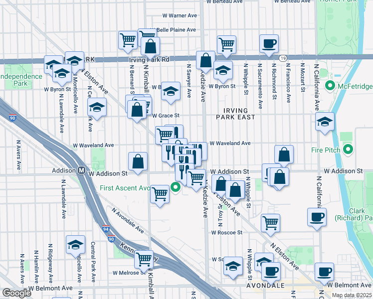map of restaurants, bars, coffee shops, grocery stores, and more near 3633 North Elston Avenue in Chicago