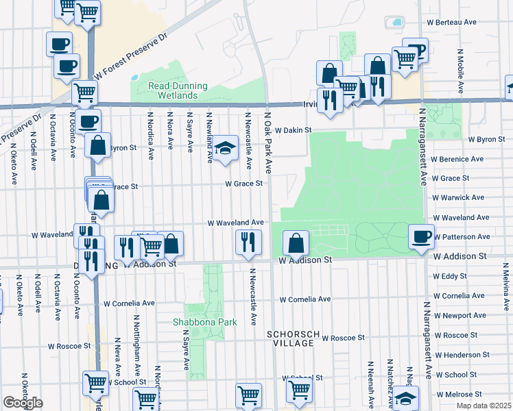 map of restaurants, bars, coffee shops, grocery stores, and more near 3700 North Oak Park Avenue in Chicago