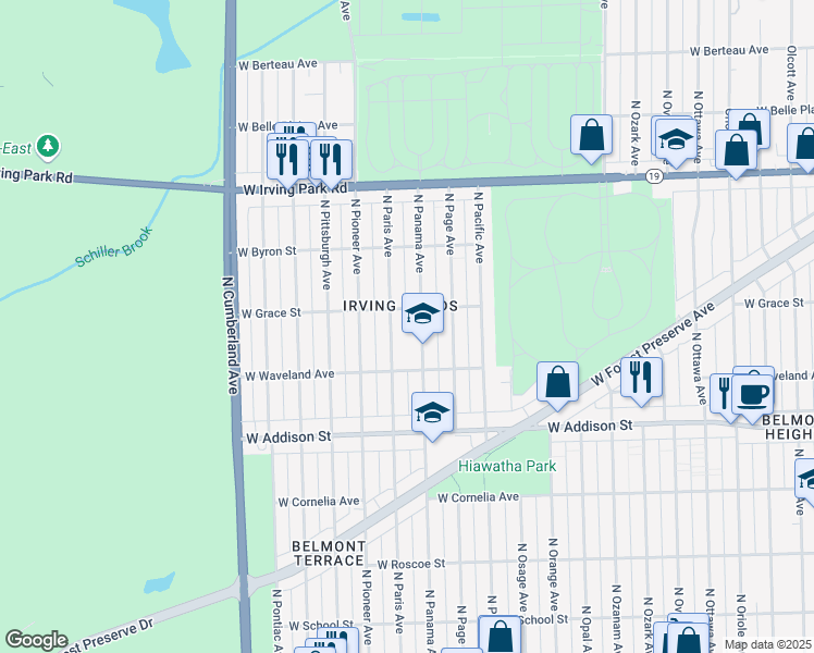 map of restaurants, bars, coffee shops, grocery stores, and more near 3740 North Panama Avenue in Chicago
