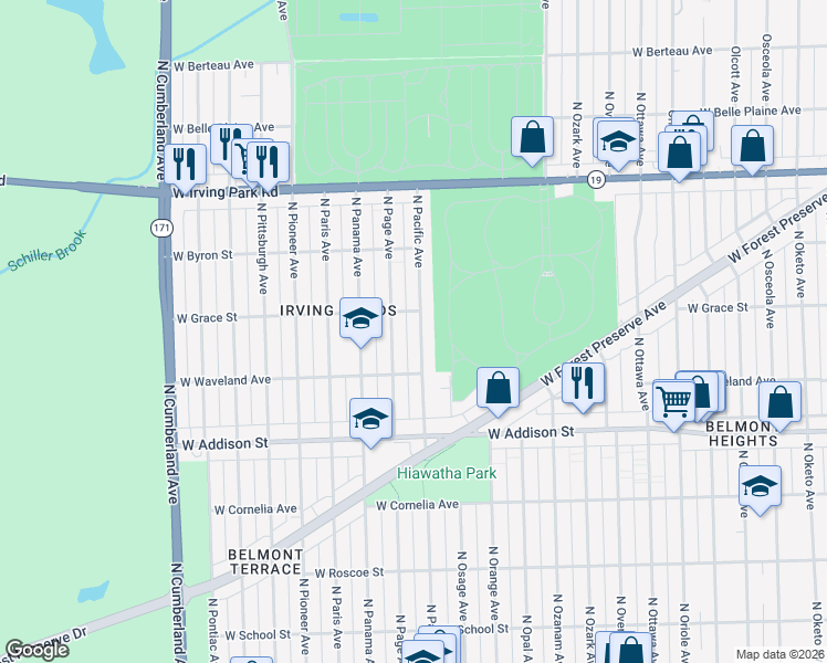 map of restaurants, bars, coffee shops, grocery stores, and more near 3740 North Pacific Avenue in Chicago