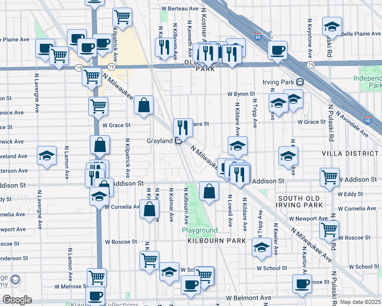 map of restaurants, bars, coffee shops, grocery stores, and more near 3644 North Kenneth Avenue in Chicago