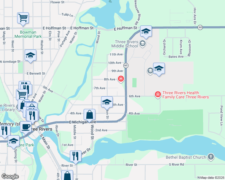 map of restaurants, bars, coffee shops, grocery stores, and more near 412 6th Avenue in Three Rivers