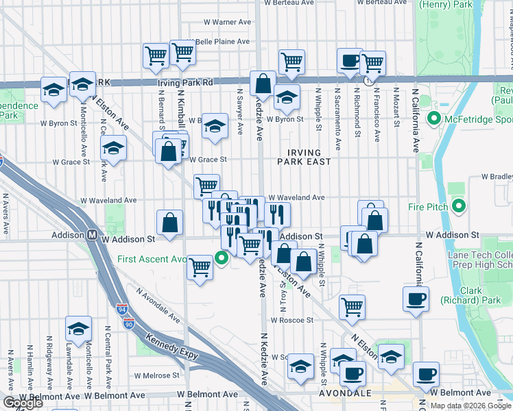 map of restaurants, bars, coffee shops, grocery stores, and more near 3628 North Kedzie Avenue in Chicago