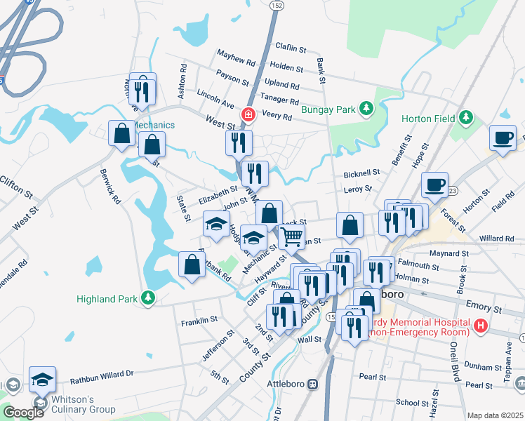 map of restaurants, bars, coffee shops, grocery stores, and more near 149 North Main Street in Attleboro