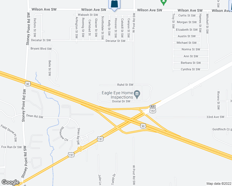 map of restaurants, bars, coffee shops, grocery stores, and more near 5518 Mayfair Street Southwest in Cedar Rapids