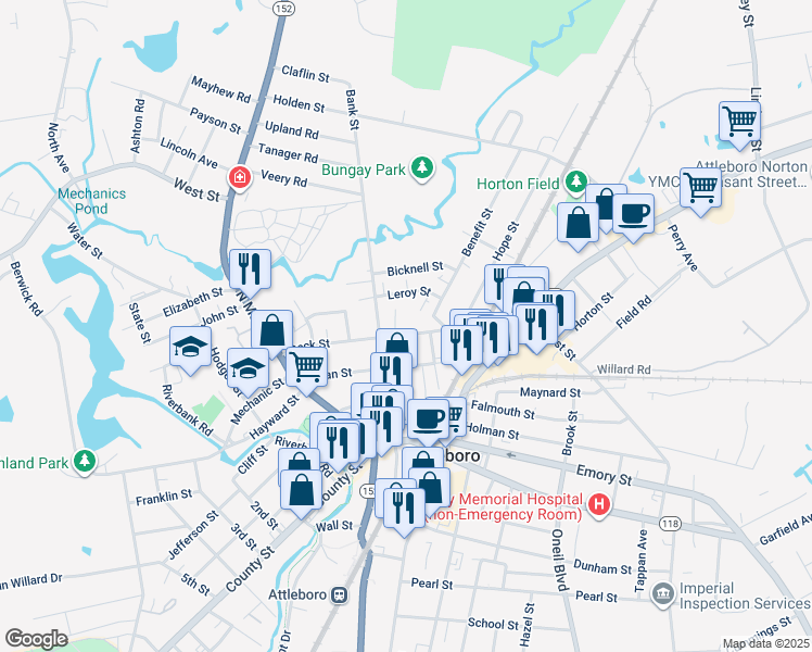 map of restaurants, bars, coffee shops, grocery stores, and more near 53 Peck Street in Attleboro