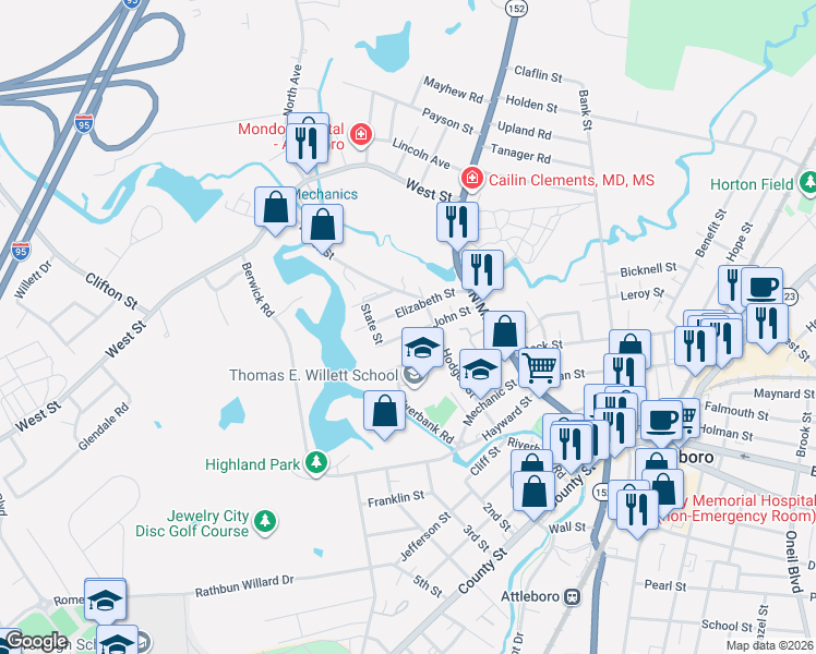 map of restaurants, bars, coffee shops, grocery stores, and more near 36 John Street in Attleboro