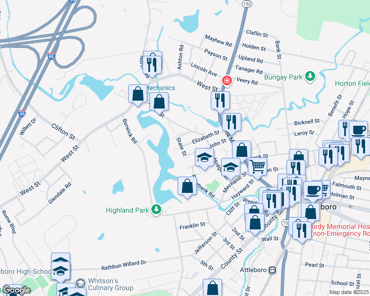 map of restaurants, bars, coffee shops, grocery stores, and more near 57 John Street in Attleboro