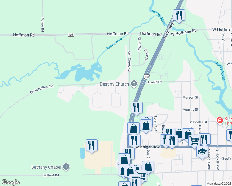 map of restaurants, bars, coffee shops, grocery stores, and more near 58464 Pleasant View Court in Three Rivers