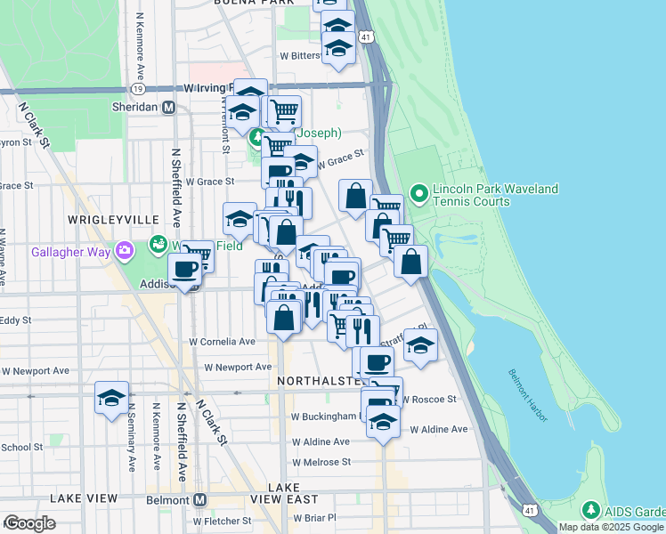 map of restaurants, bars, coffee shops, grocery stores, and more near 631 West Addison Street in Chicago