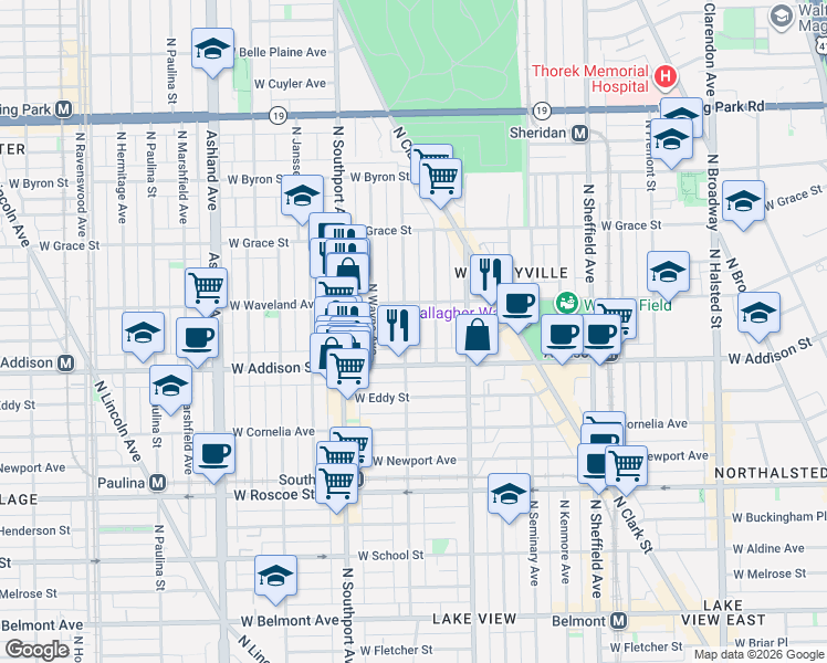 map of restaurants, bars, coffee shops, grocery stores, and more near 3609 North Lakewood Avenue in Chicago