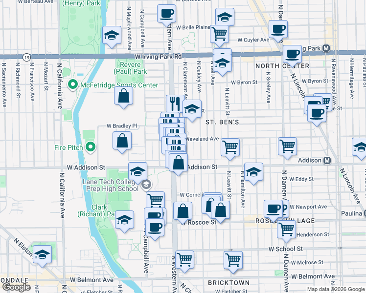 map of restaurants, bars, coffee shops, grocery stores, and more near 3621 North Claremont Avenue in Chicago