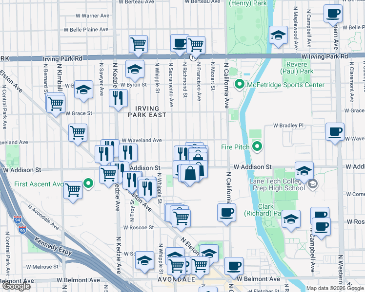 map of restaurants, bars, coffee shops, grocery stores, and more near 3626 North Richmond Street in Chicago