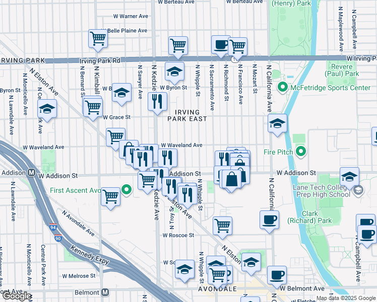 map of restaurants, bars, coffee shops, grocery stores, and more near 3625 North Albany Avenue in Chicago