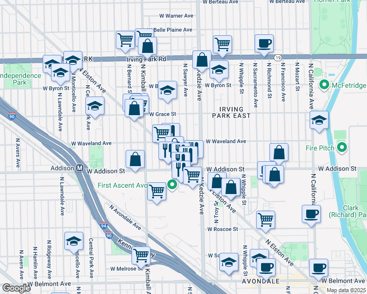 map of restaurants, bars, coffee shops, grocery stores, and more near 3633 North Elston Avenue in Chicago