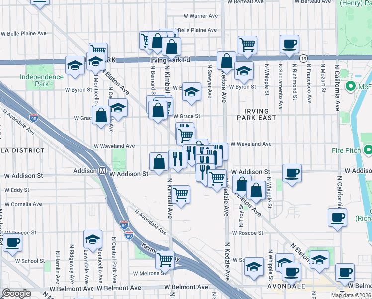 map of restaurants, bars, coffee shops, grocery stores, and more near 3664 North Elston Avenue in Chicago