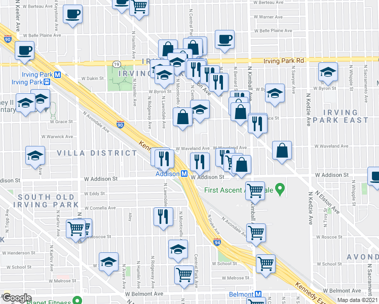 map of restaurants, bars, coffee shops, grocery stores, and more near 3643 North Monticello Avenue in Chicago