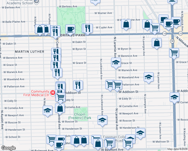 map of restaurants, bars, coffee shops, grocery stores, and more near 5327 West Waveland Avenue in Chicago