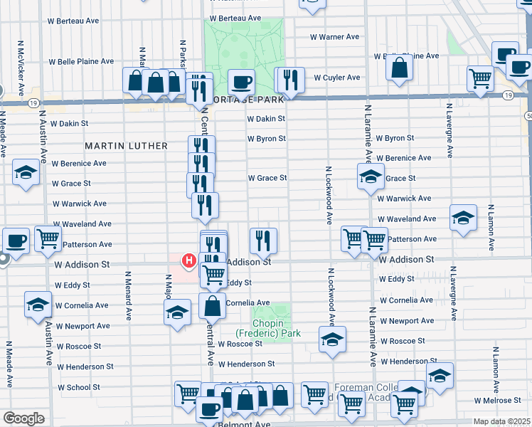 map of restaurants, bars, coffee shops, grocery stores, and more near 3654 North Lotus Avenue in Chicago
