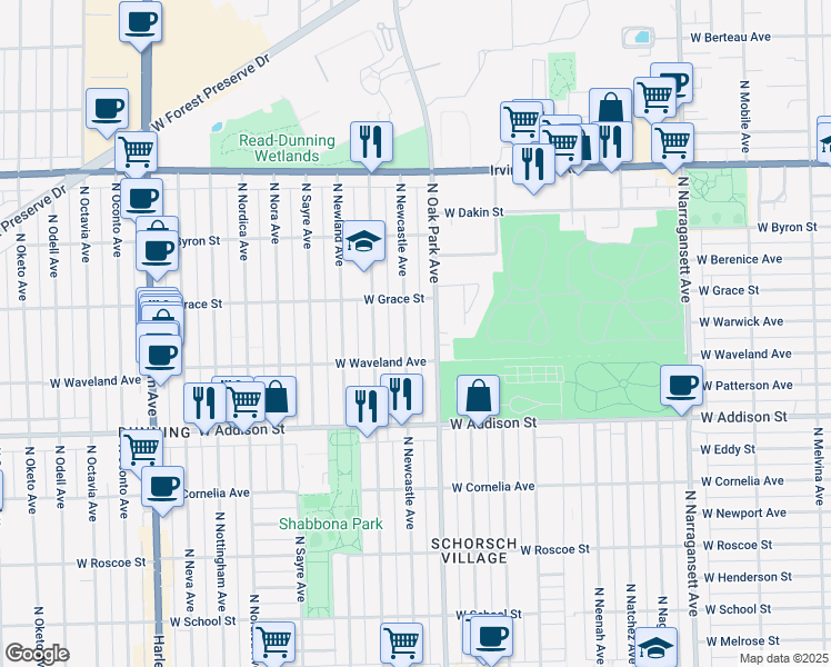 map of restaurants, bars, coffee shops, grocery stores, and more near 3700 North Oak Park Avenue in Chicago