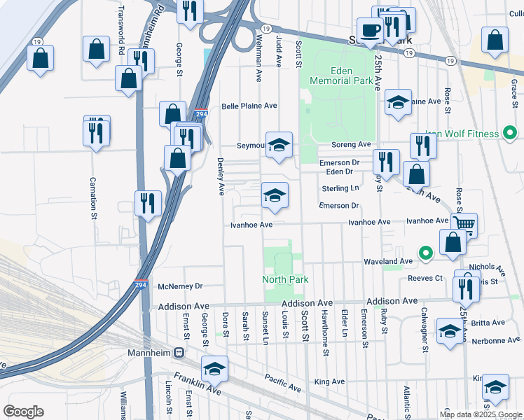 map of restaurants, bars, coffee shops, grocery stores, and more near 10039 Ivanhoe Avenue in Schiller Park