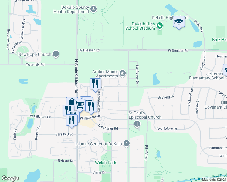 map of restaurants, bars, coffee shops, grocery stores, and more near 835 Edgebrook Drive in DeKalb