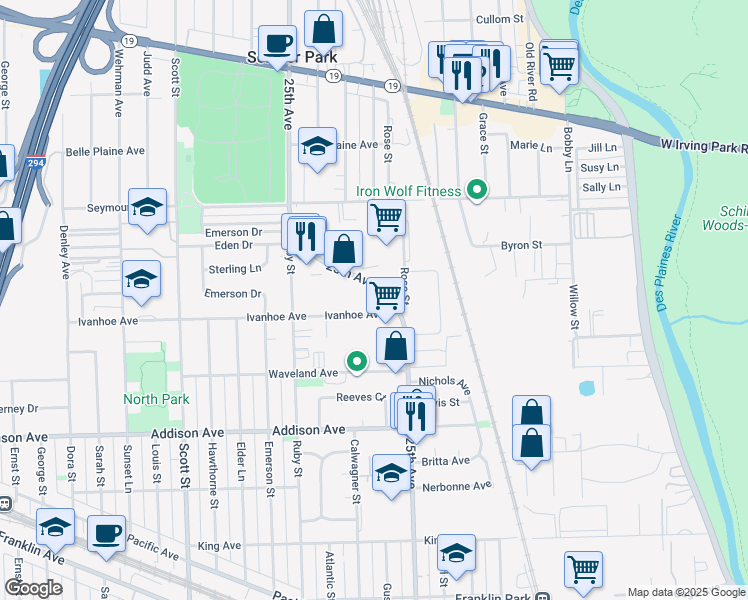 map of restaurants, bars, coffee shops, grocery stores, and more near 3720 Rose Street in Schiller Park