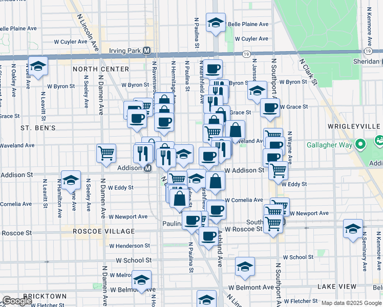 map of restaurants, bars, coffee shops, grocery stores, and more near 3614 North Marshfield Avenue in Chicago