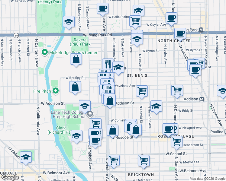 map of restaurants, bars, coffee shops, grocery stores, and more near 3621 North Claremont Avenue in Chicago