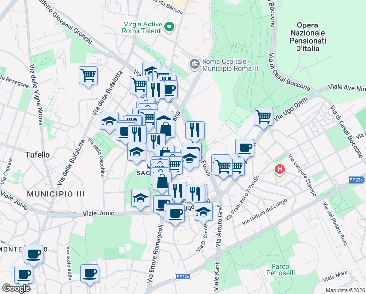 map of restaurants, bars, coffee shops, grocery stores, and more near 3-27 Via Vincenzo Padula in Roma