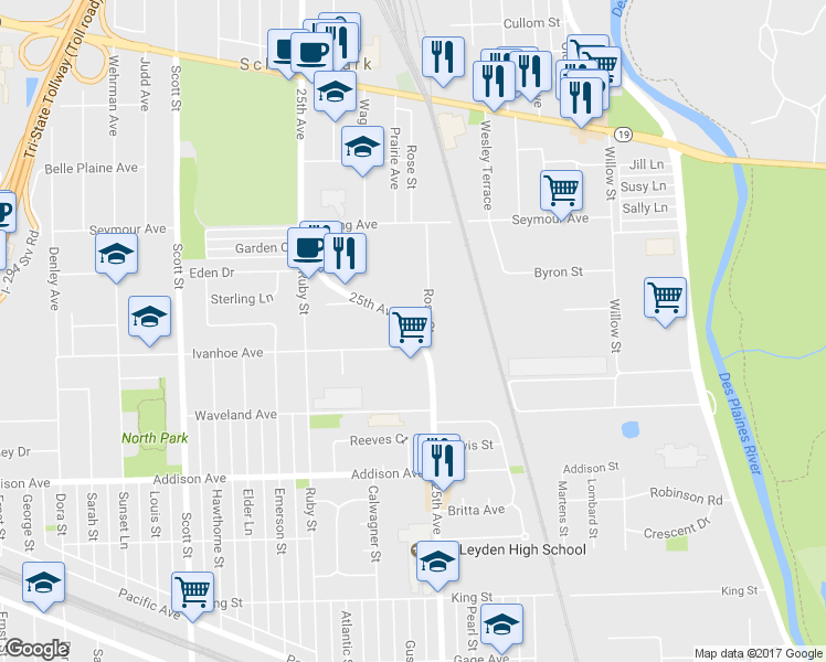 map of restaurants, bars, coffee shops, grocery stores, and more near 3824 North 25th Avenue in Schiller Park