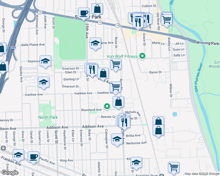 map of restaurants, bars, coffee shops, grocery stores, and more near 3720 Rose Street in Schiller Park