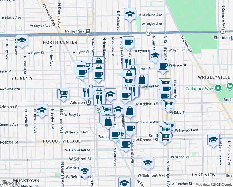 map of restaurants, bars, coffee shops, grocery stores, and more near 3614 North Marshfield Avenue in Chicago