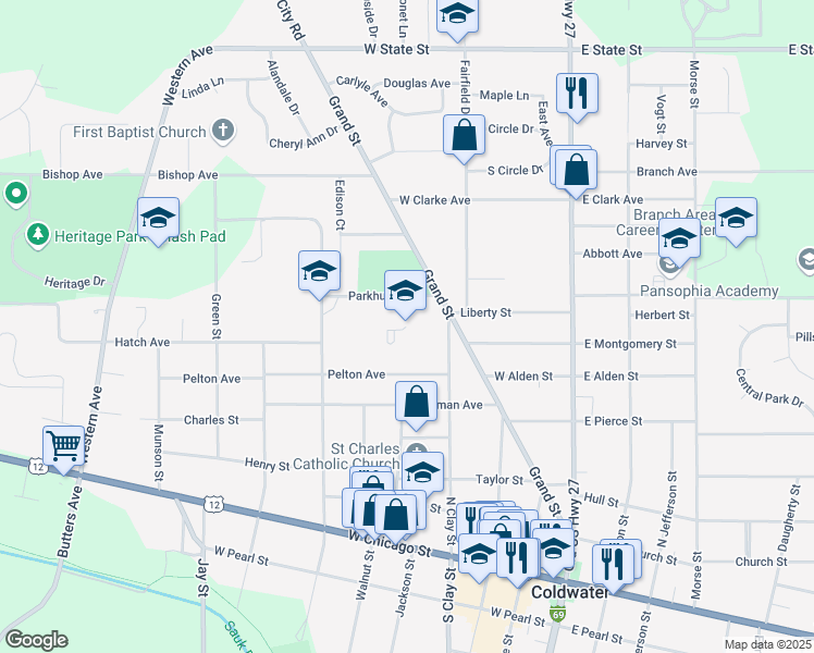 map of restaurants, bars, coffee shops, grocery stores, and more near 25 Parkhurst Avenue in Coldwater