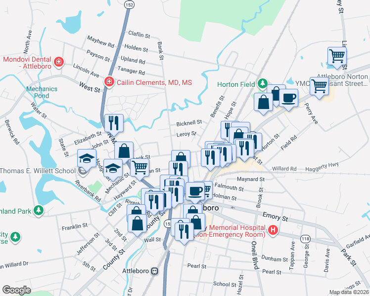 map of restaurants, bars, coffee shops, grocery stores, and more near 53 Peck Street in Attleboro