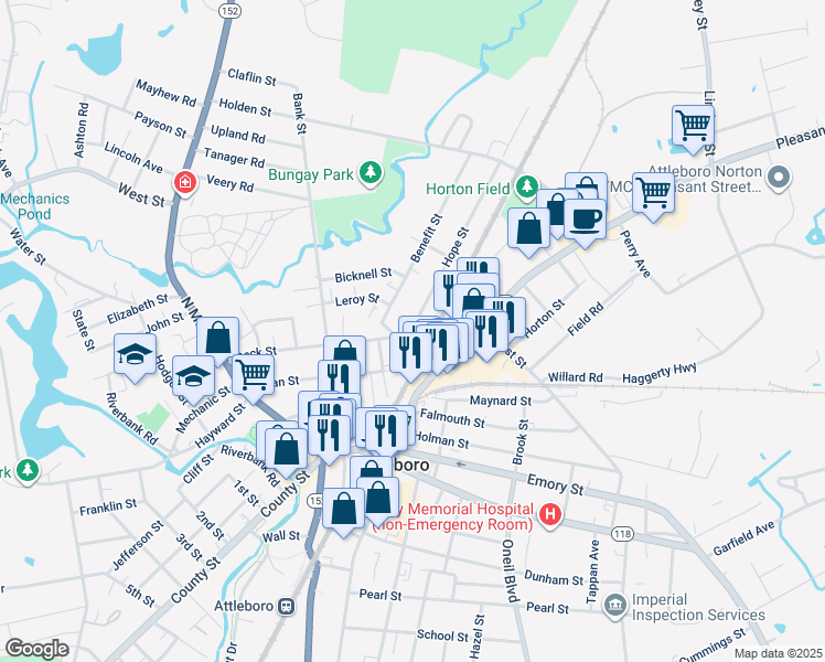 map of restaurants, bars, coffee shops, grocery stores, and more near 2 Hope Street in Attleboro