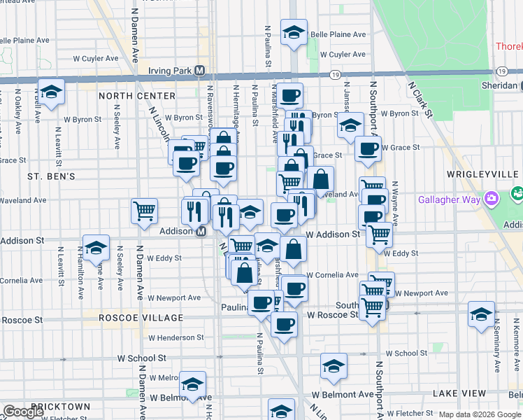 map of restaurants, bars, coffee shops, grocery stores, and more near 3639 North Paulina Street in Chicago