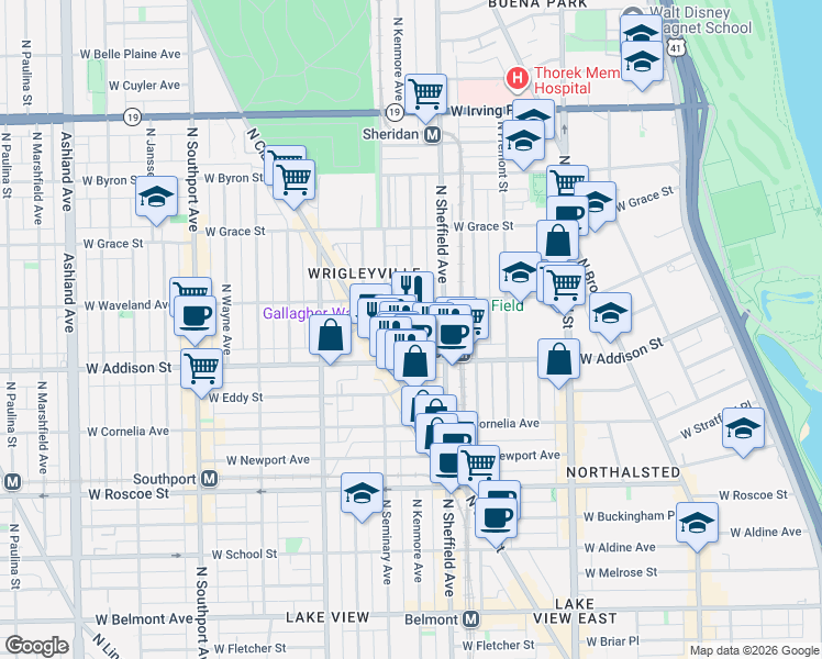 map of restaurants, bars, coffee shops, grocery stores, and more near 1023 West Addison Street in Chicago