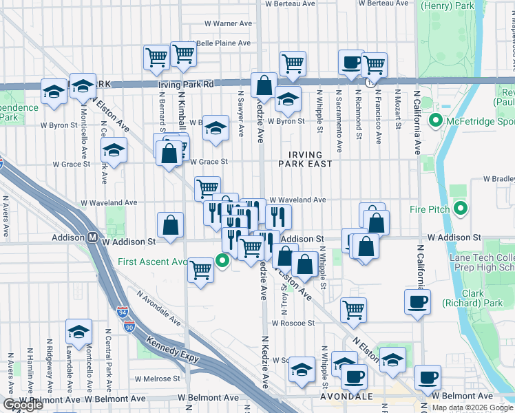 map of restaurants, bars, coffee shops, grocery stores, and more near 3628 North Kedzie Avenue in Chicago