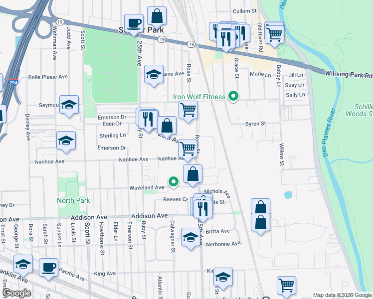map of restaurants, bars, coffee shops, grocery stores, and more near 3720 Rose Street in Schiller Park