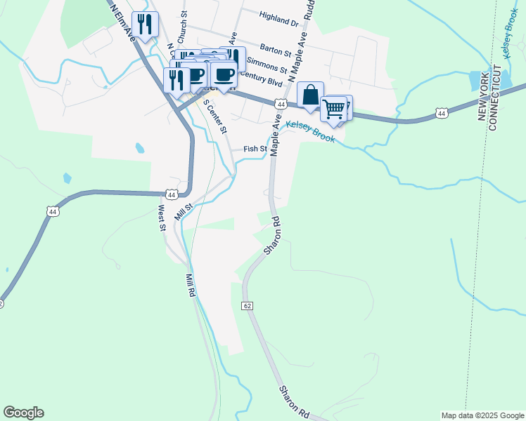 map of restaurants, bars, coffee shops, grocery stores, and more near 76 Sharon Road in Millerton