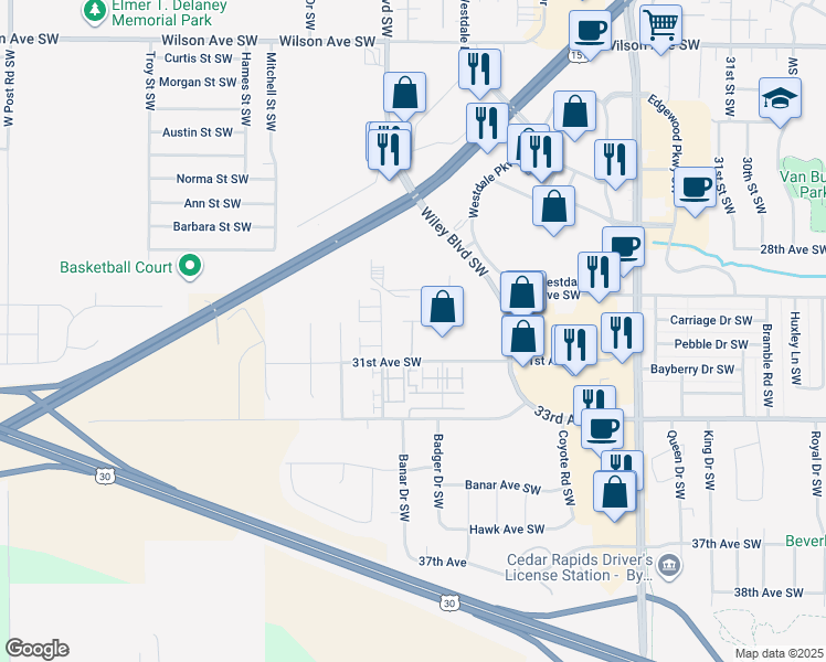 map of restaurants, bars, coffee shops, grocery stores, and more near 4102 31st Avenue Southwest in Cedar Rapids