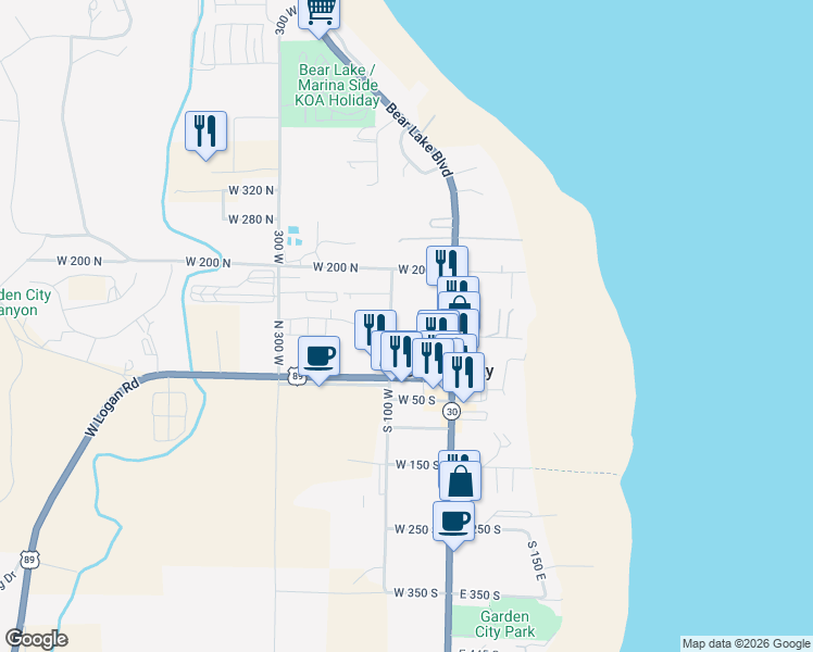 map of restaurants, bars, coffee shops, grocery stores, and more near 32 West 75 North in Garden City