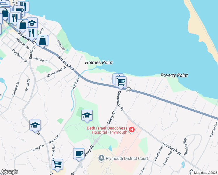 map of restaurants, bars, coffee shops, grocery stores, and more near 221 Sandwich Street in Plymouth