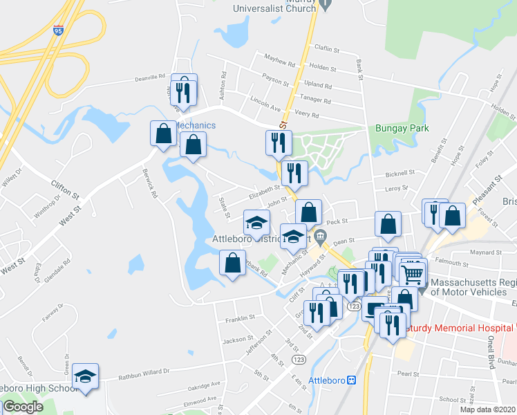 map of restaurants, bars, coffee shops, grocery stores, and more near 36 John Street in Attleboro