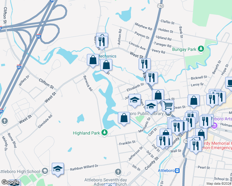 map of restaurants, bars, coffee shops, grocery stores, and more near 57 John Street in Attleboro