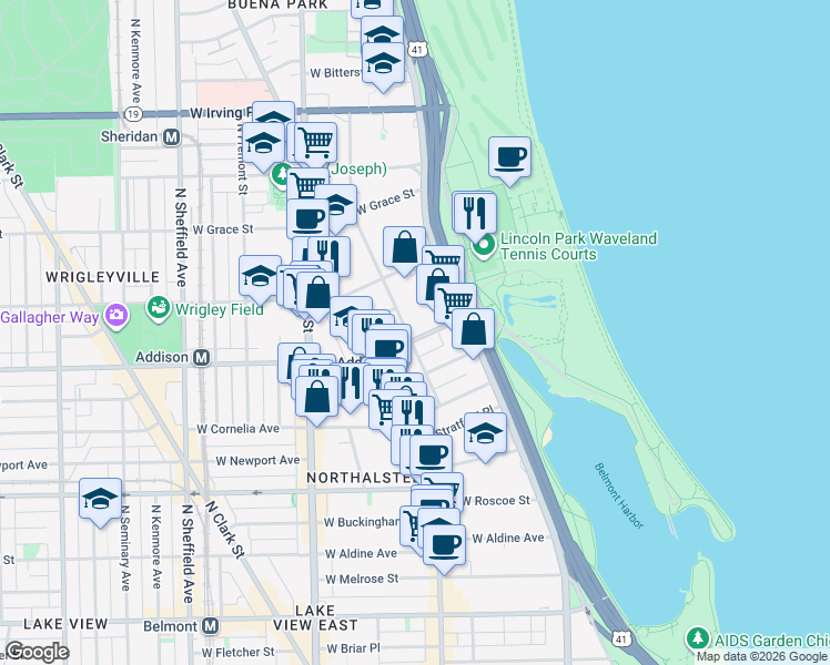 map of restaurants, bars, coffee shops, grocery stores, and more near 544 West Brompton Avenue in Chicago