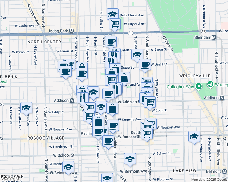map of restaurants, bars, coffee shops, grocery stores, and more near 3614 North Ashland Avenue in Chicago