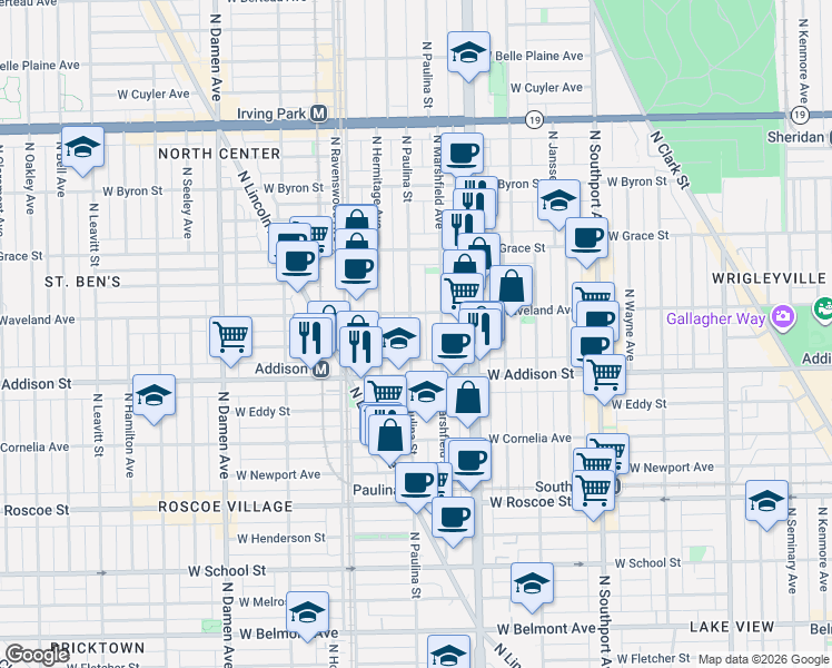 map of restaurants, bars, coffee shops, grocery stores, and more near 3614 North Marshfield Avenue in Chicago