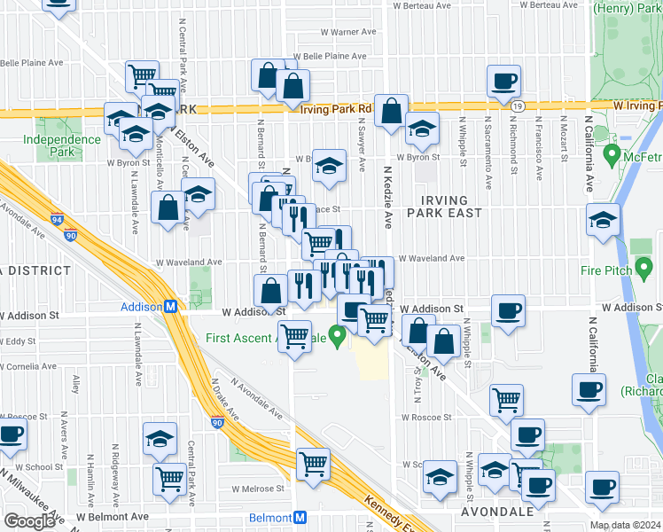 map of restaurants, bars, coffee shops, grocery stores, and more near 3664 North Elston Avenue in Chicago